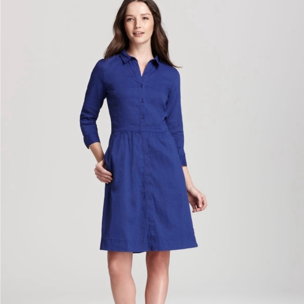 Eileen Fisher Linen Blend 3/4 Sleeve Collared Button Up Blue Dress Size XS